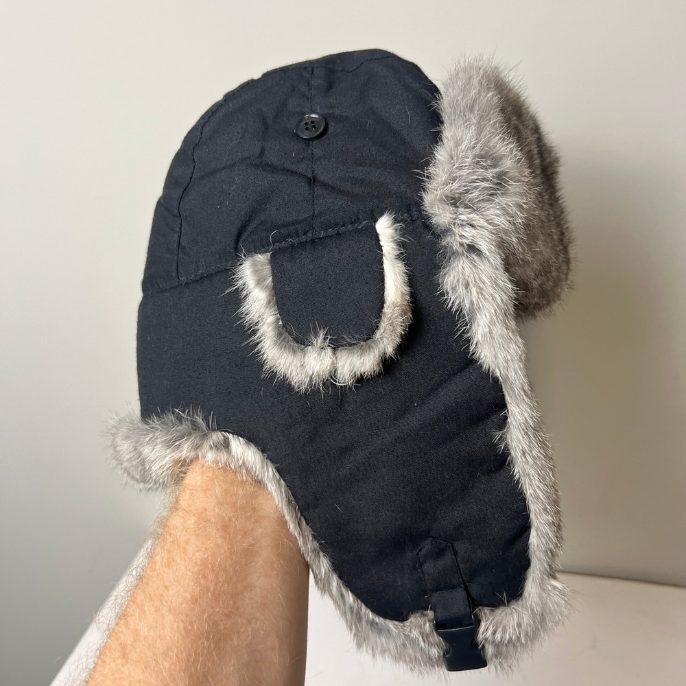DPC Trapper Hat Mens M Black Genuine Rabbit Fur Trim Aviator Winter Ushanka Cap